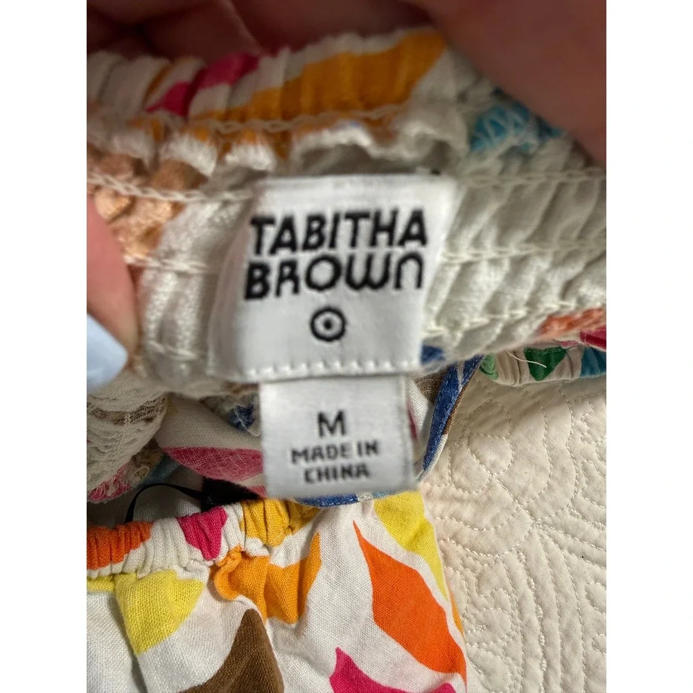 Tabitha Brown for Target Dress SZ Medium Multicolor Leaf Print Linen Puff Sleeve